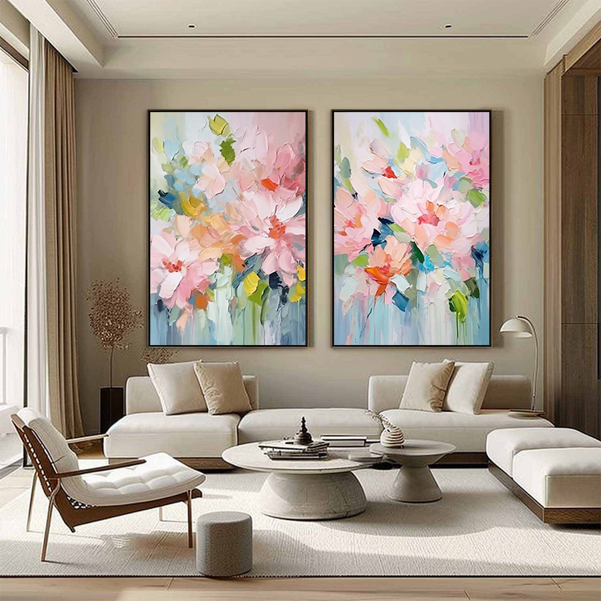 BLOSSOM CHORALE: Textured Impressionist Floral Diptych Oil Painting
