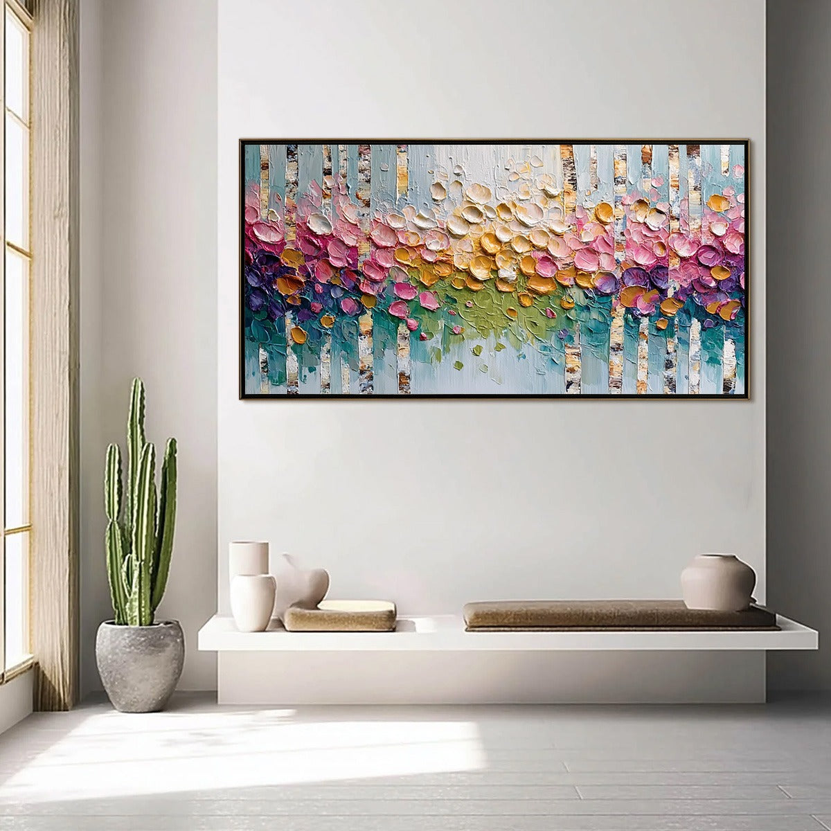 BLOSSOMING BIRCH: Colorful Impasto Birch Tree Forest Palette Knife Painting