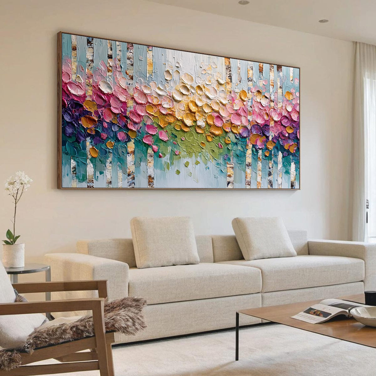 BLOSSOMING BIRCH: Colorful Impasto Birch Tree Forest Palette Knife Painting