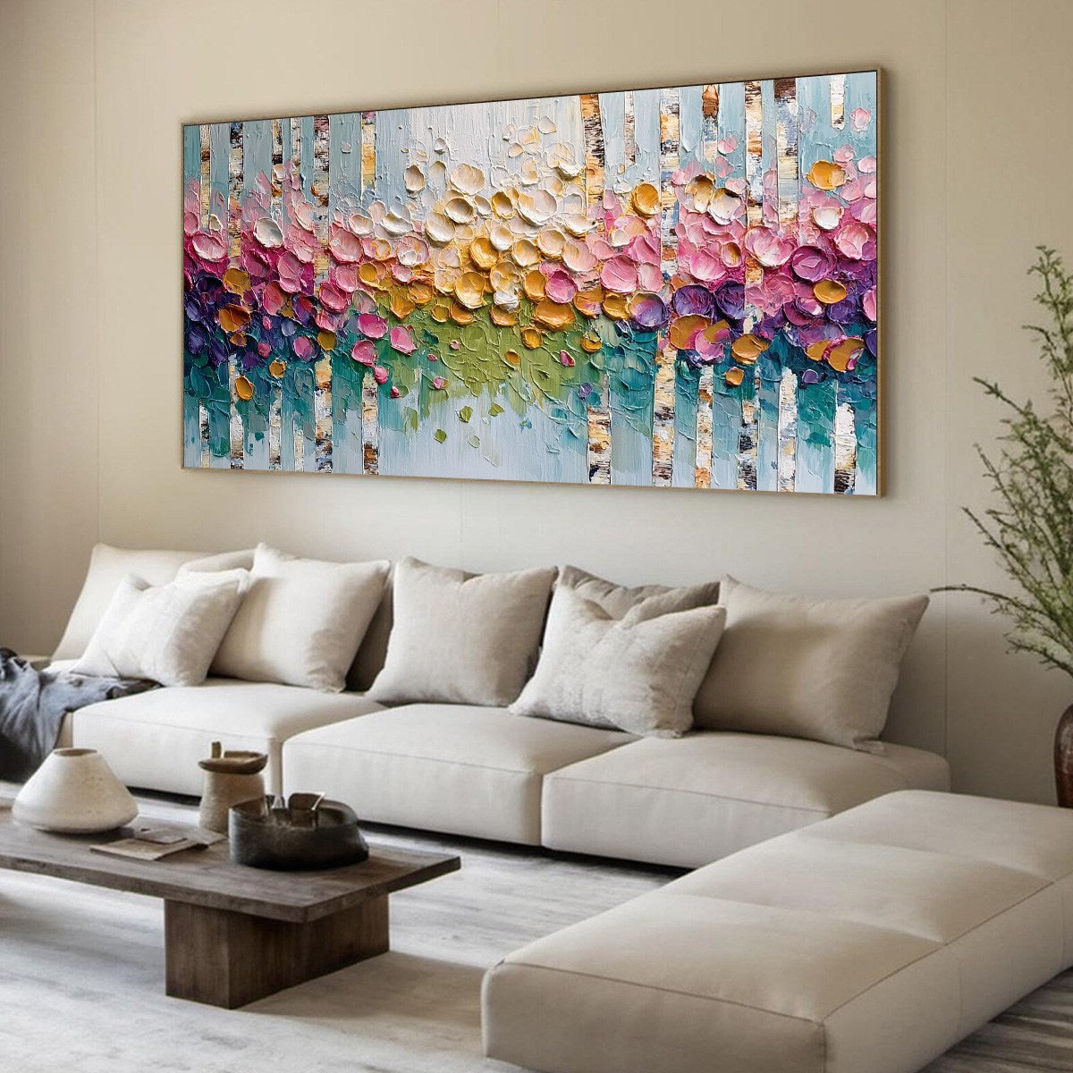 BLOSSOMING BIRCH: Colorful Impasto Birch Tree Forest Palette Knife Painting