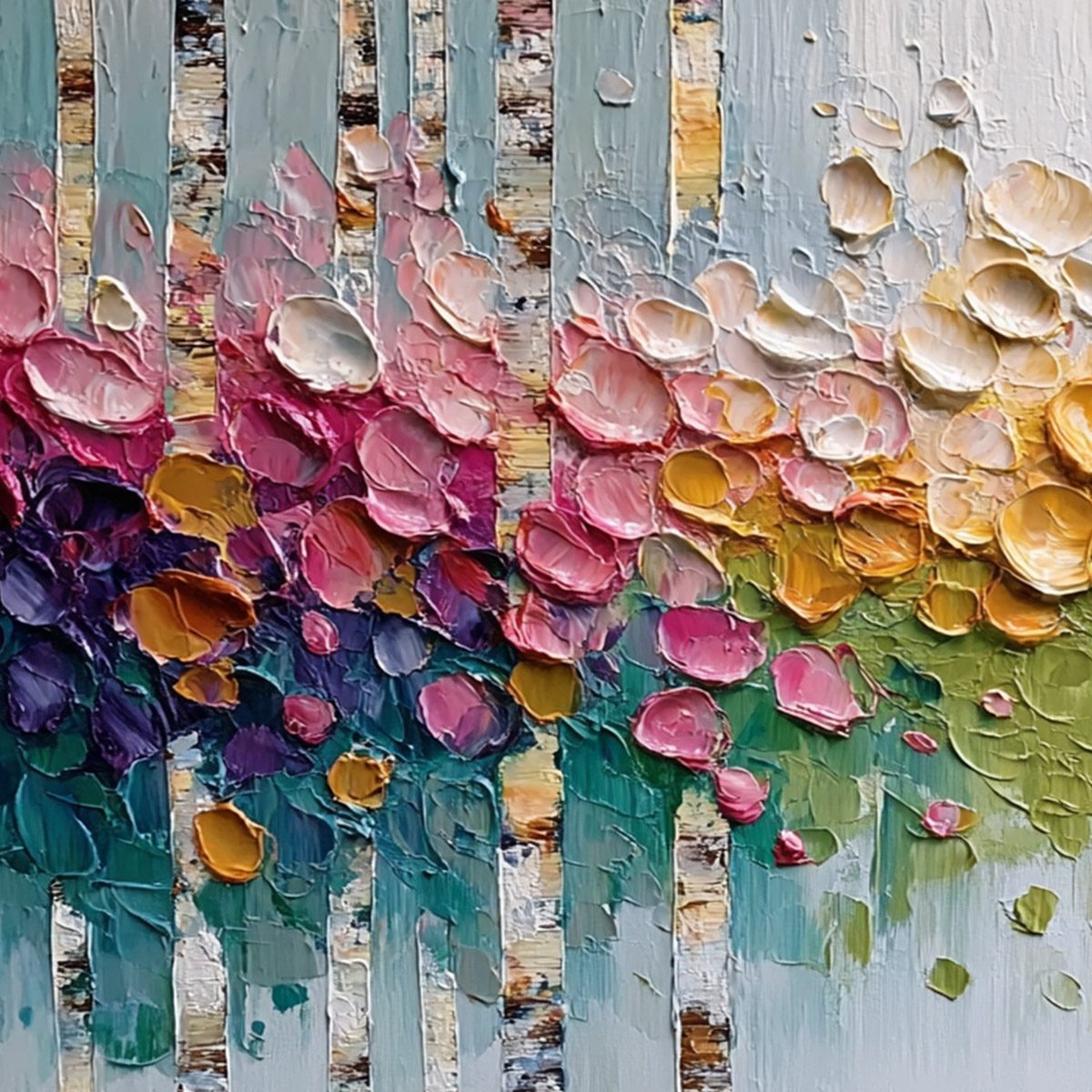 BLOSSOMING BIRCH: Colorful Impasto Birch Tree Forest Palette Knife Painting