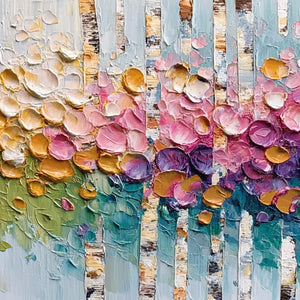 BLOSSOMING BIRCH: Colorful Impasto Birch Tree Forest Palette Knife Painting