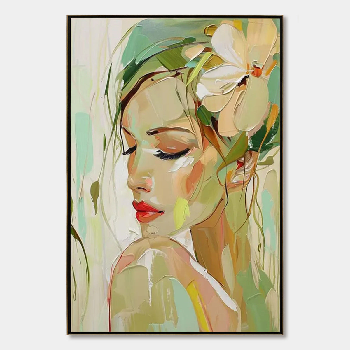 BLOSSOMING SERENITY: Impressionistic Floral Portrait Oil Painting