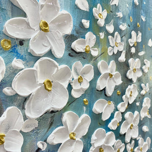 Blossom Dream: White Floral Impasto Oil Painting Canvas Wall Art Decor