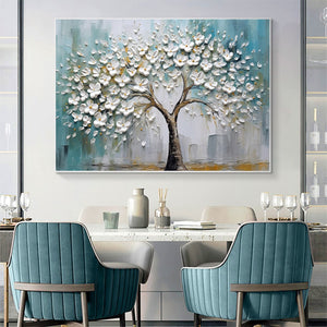 Blossom Dream: White Floral Impasto Oil Painting Canvas Wall Art Decor