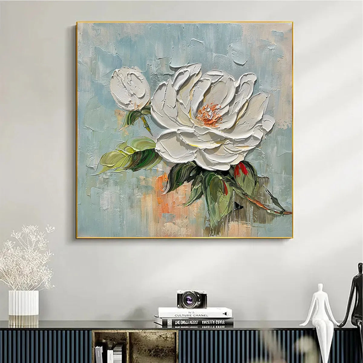 BLOSSOM'S GRACE: Textured Impasto Magnolia Painting on Square Canvas