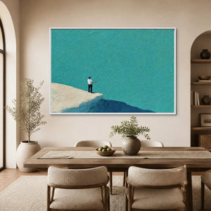 Minimal blue horizon figure wall art in gold frame for modern luxury dining room.