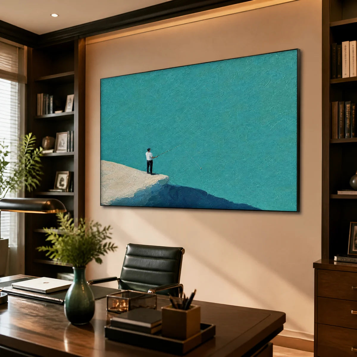 Minimal blue horizon figure painting in modern office, textured turquoise and beige wall art.