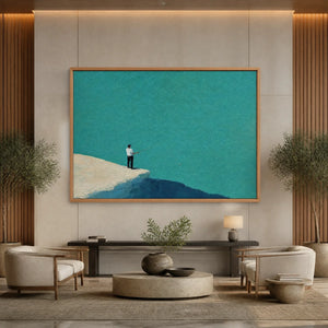 Minimal blue horizon figure wall art in wood frame for modern luxury hotel lobby.