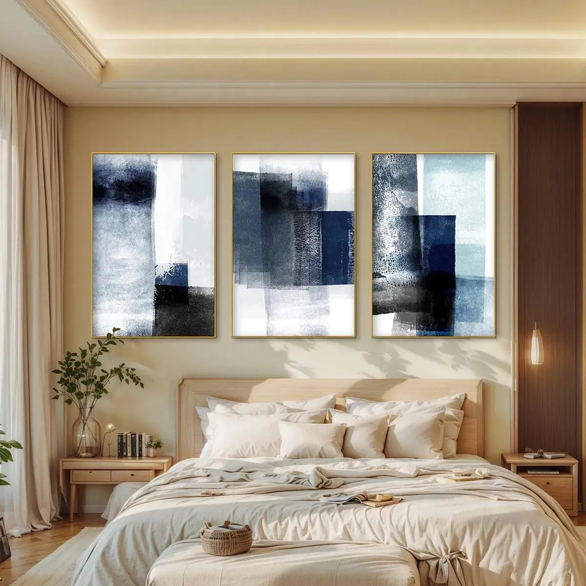 Set of 3 vertical blue abstract paintings with textured brushstrokes and layered blocks of navy, gray, and white.