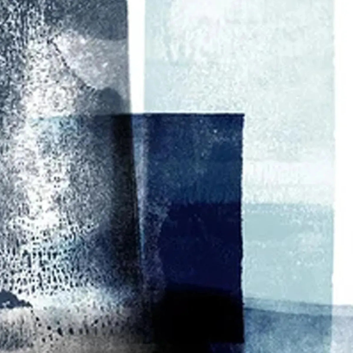 Set of 3 vertical blue abstract paintings with textured brushstrokes and layered blocks of navy, gray, and white.