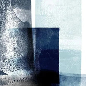 Set of 3 vertical blue abstract paintings with textured brushstrokes and layered blocks of navy, gray, and white.