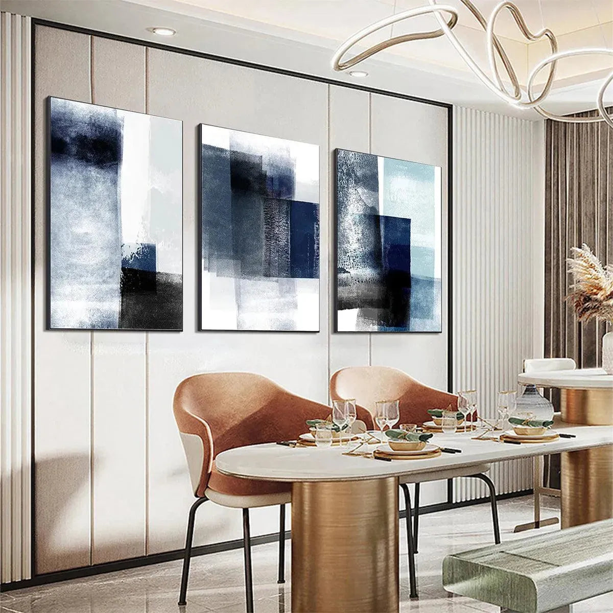 Set of 3 vertical blue abstract paintings with textured brushstrokes and layered blocks of navy, gray, and white.