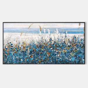 Blue Dunes original coastal landscape oil painting with blue wildflowers and dune grass by Elodie Dubois.