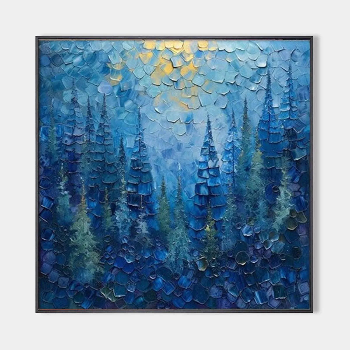 Textured Forest Painting, Blue Landscape Wall Art, Square Canvas, Impasto Decor