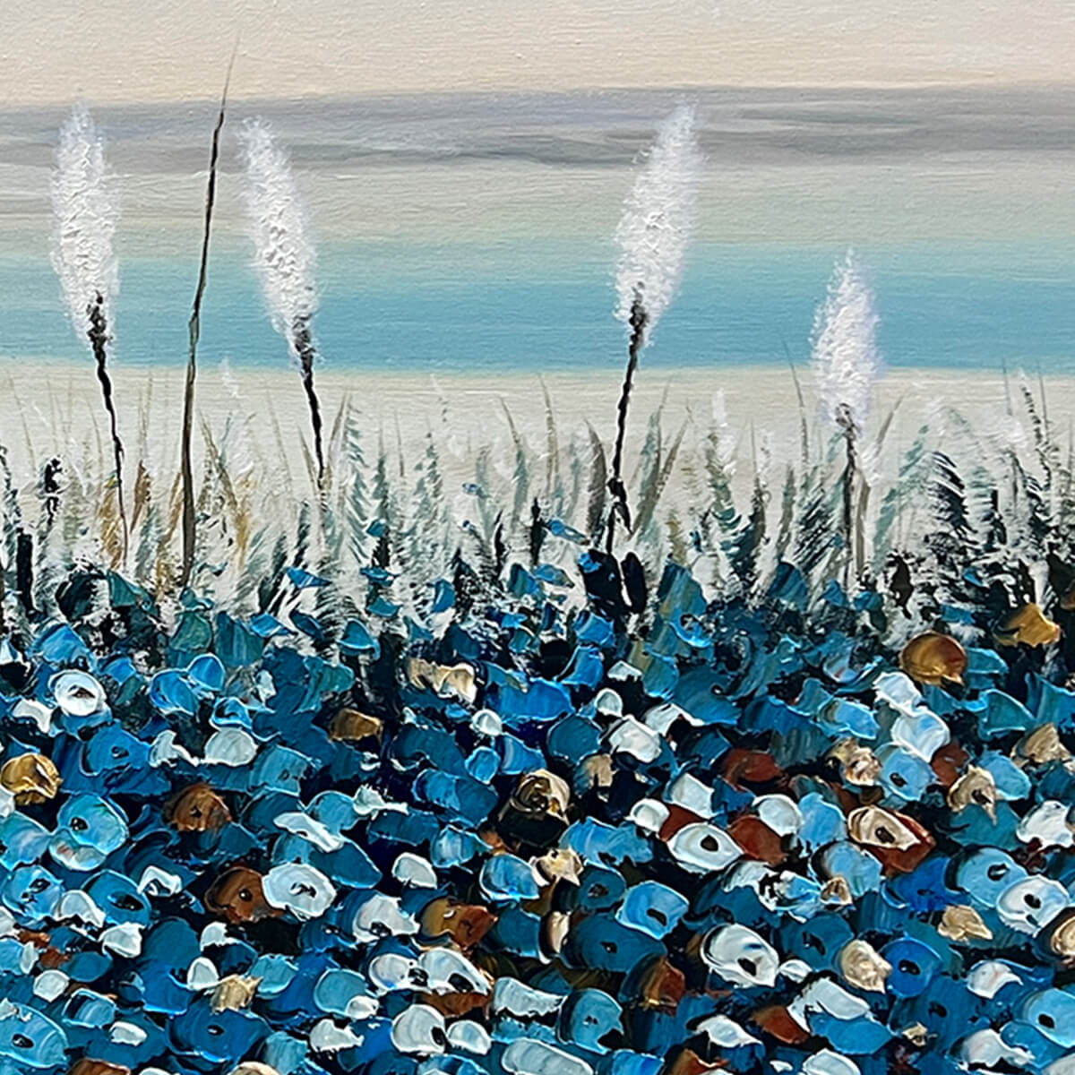 BLUE DUNES painting close-up: thick impasto blue flowers, white pampas grass, rich textural detail.