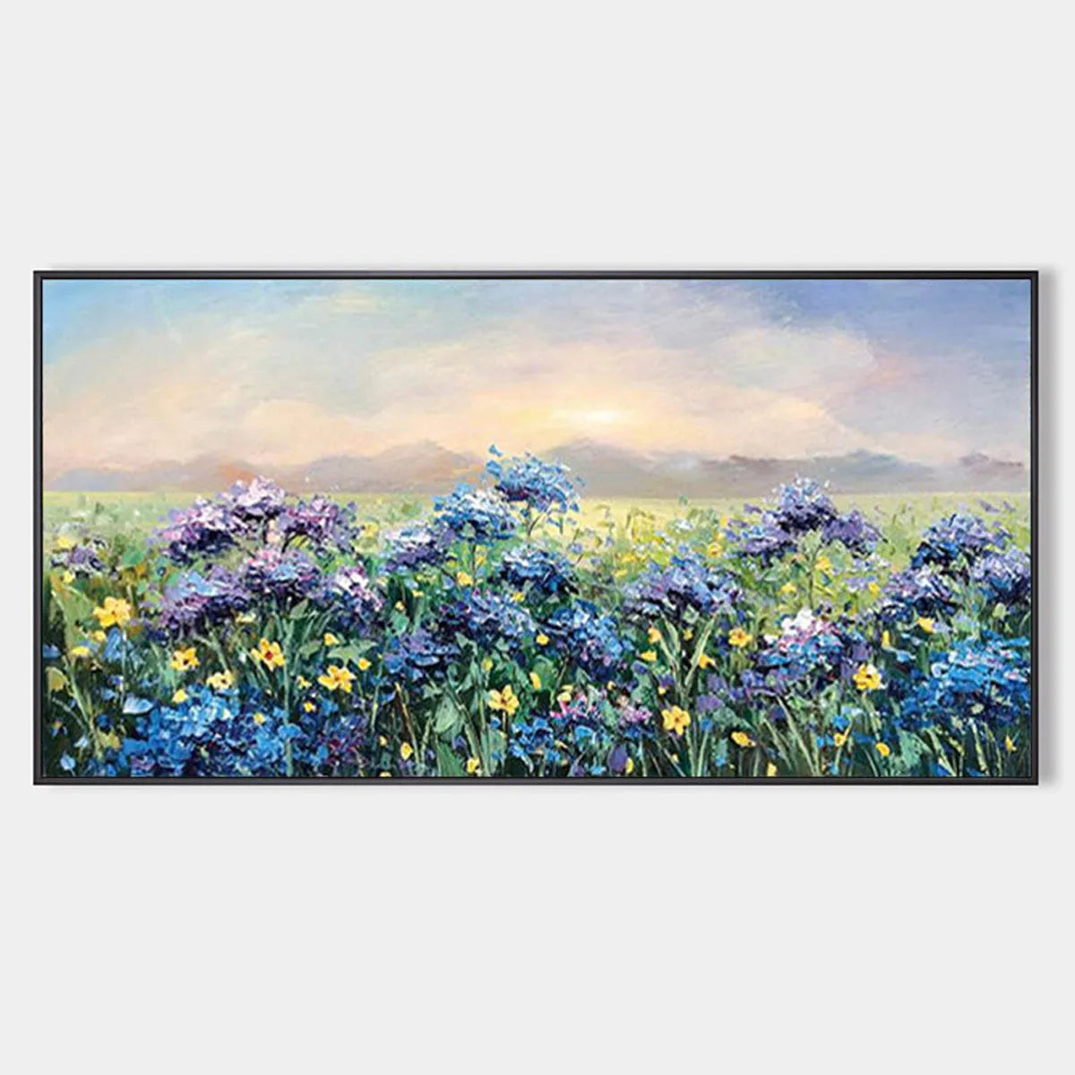 Landscape Oil Painting with Hydrangeas and Sunrise