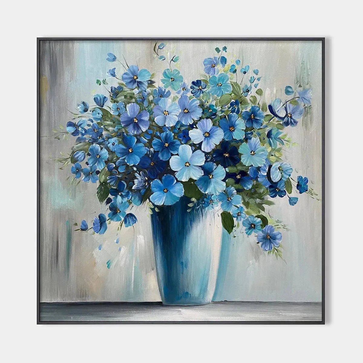 Blue Floral Painting, Square Canvas Art, Still Life Wall Decor, Calming Artwork