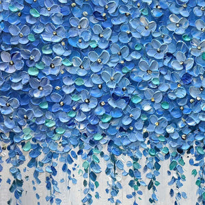 Blue Wisteria textured impasto painting by Elodie Dubois, featuring cascading blue floral blossoms in a black frame.