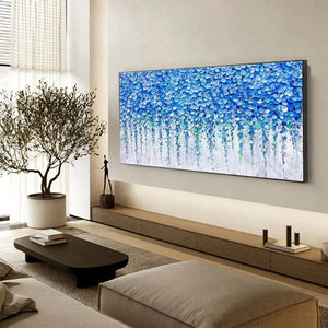 Blue Wisteria textured impasto painting by Elodie Dubois, featuring cascading blue floral blossoms in a black frame.