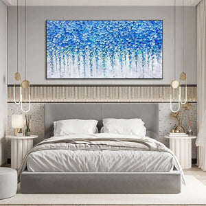 Blue Wisteria textured impasto painting by Elodie Dubois, featuring cascading blue floral blossoms in a black frame.