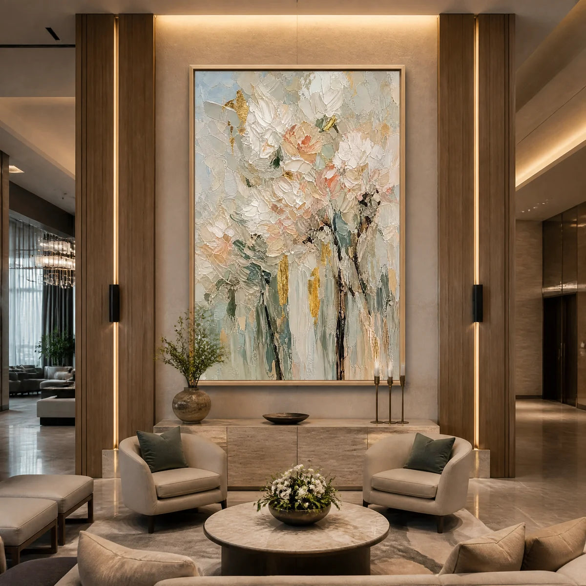Pastel floral bouquet painting with textured petals in a gold frame displayed in a luxury hotel lobby.