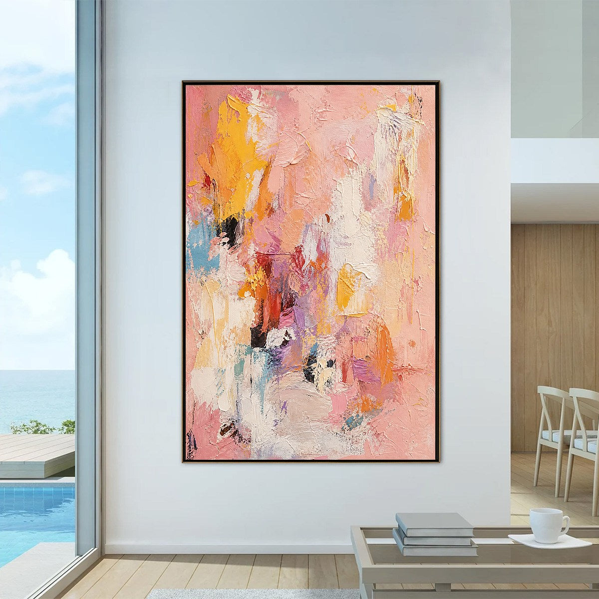 BLUSHING DAWN: Vertical Textured Abstract Oil Painting in Pink