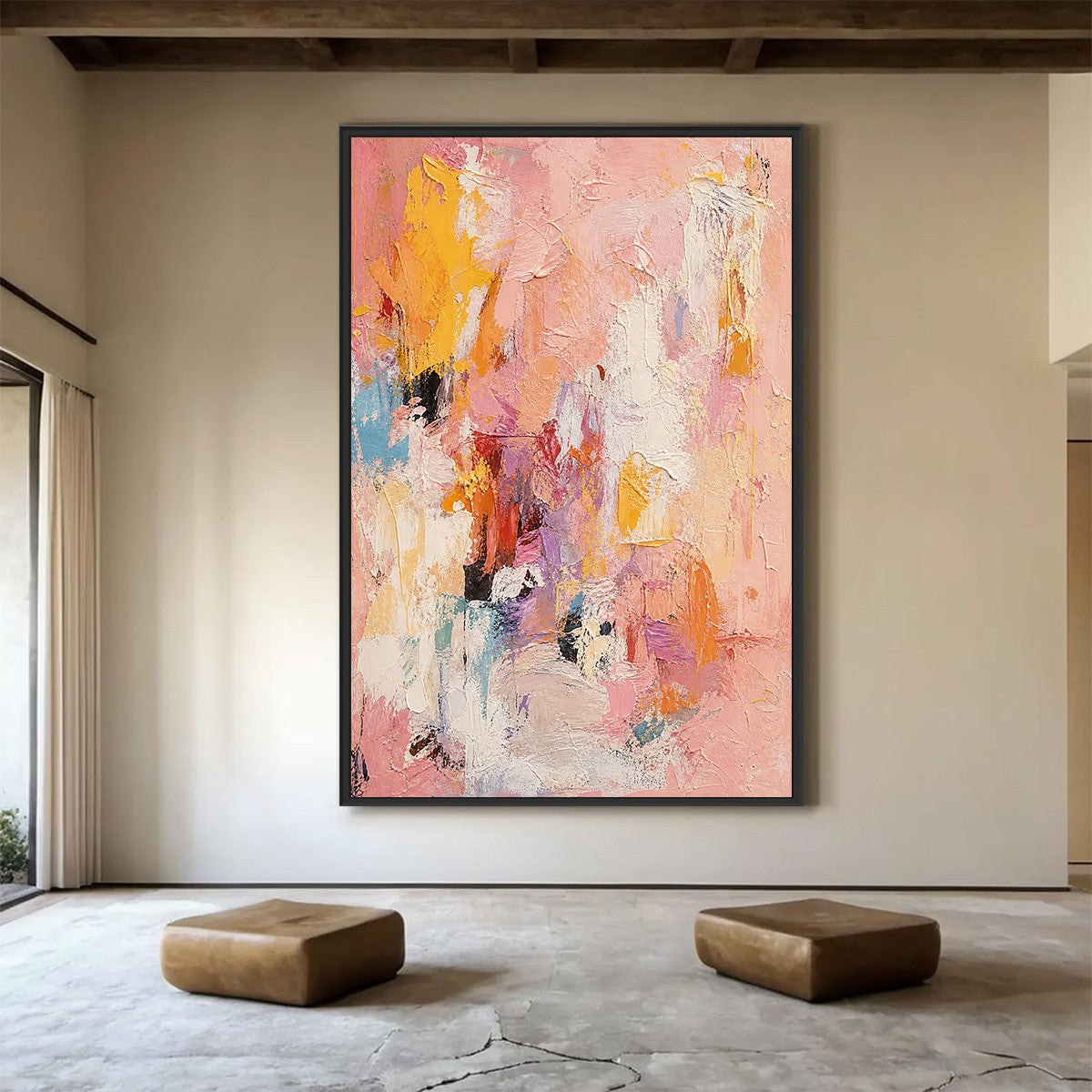 BLUSHING DAWN: Vertical Textured Abstract Oil Painting in Pink