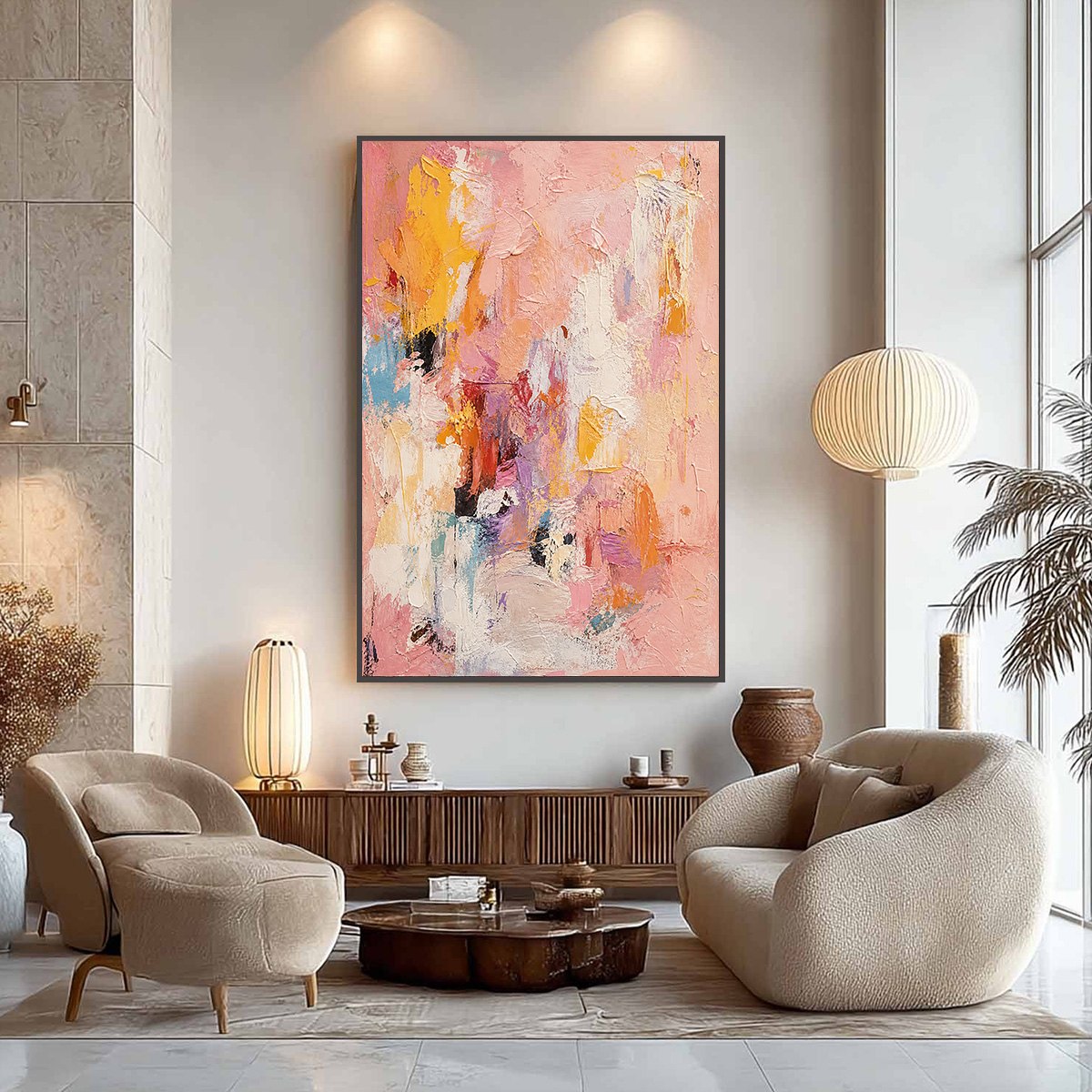 BLUSHING DAWN: Vertical Textured Abstract Oil Painting in Pink