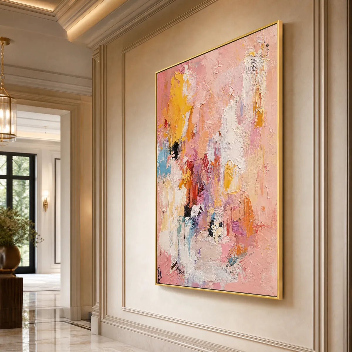 Vertical abstract oil painting in blush pink, yellow and blue with thick textured brushstrokes