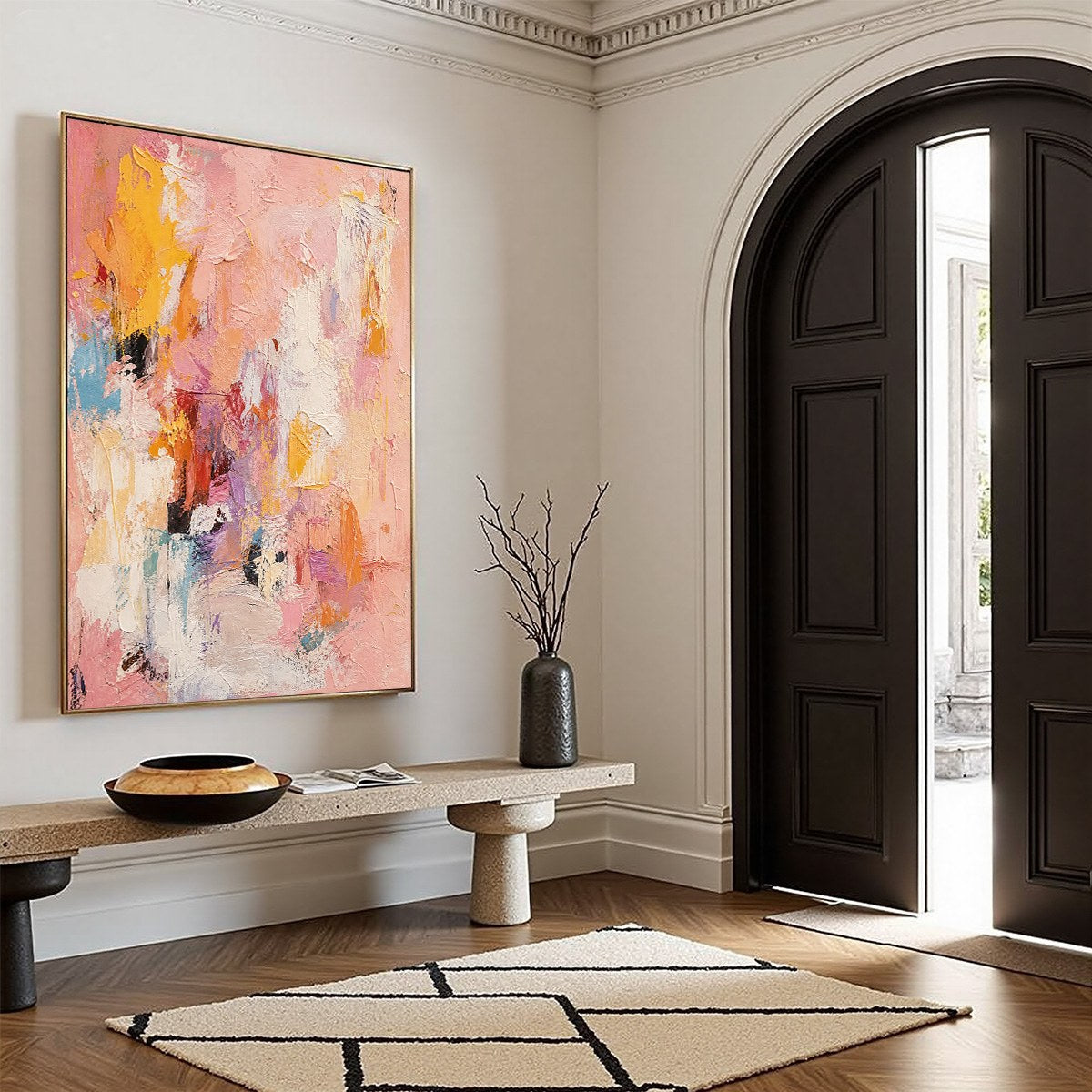 BLUSHING DAWN: Vertical Textured Abstract Oil Painting in Pink