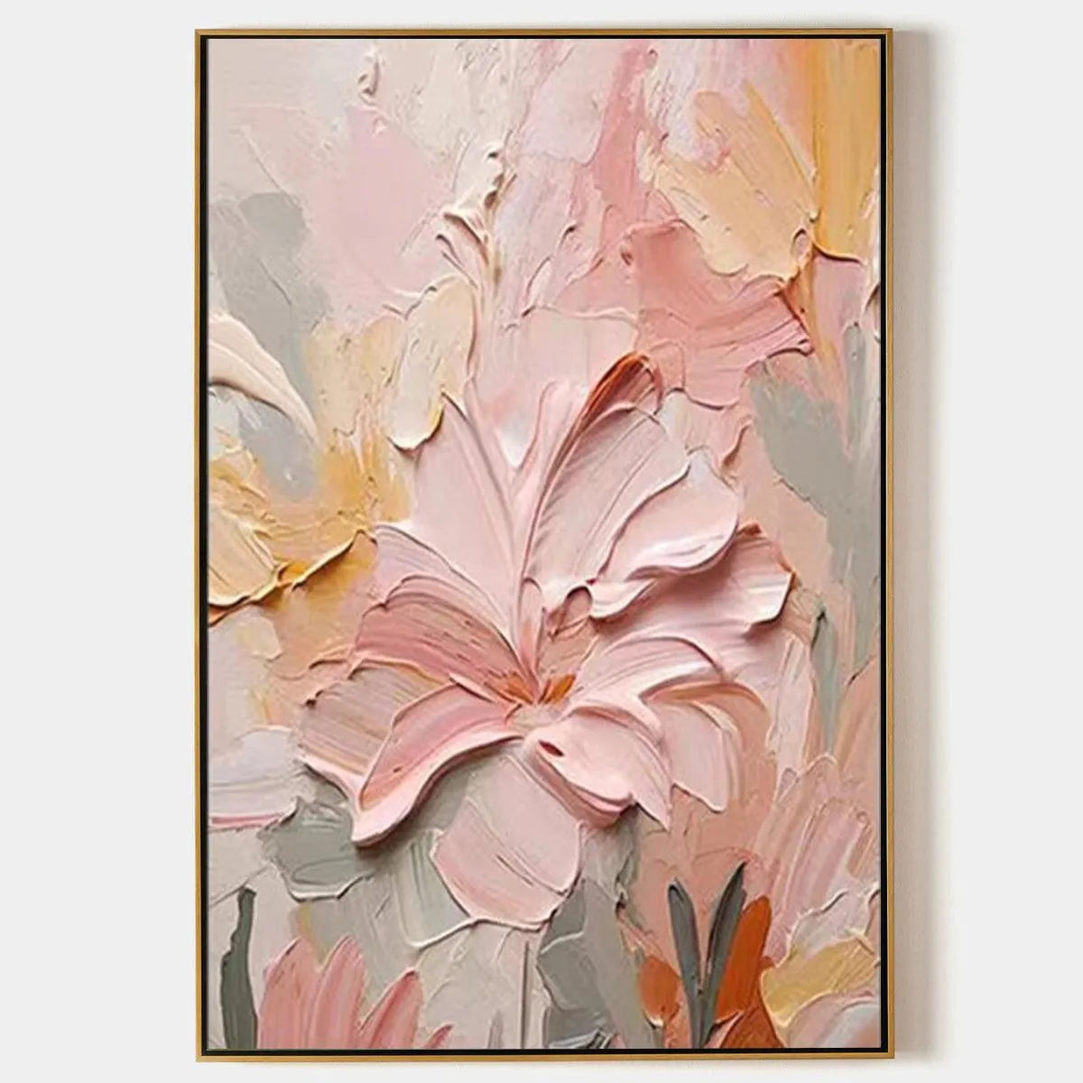 Textured Floral Painting, Pink and Peach Wall Art, Vertical Canvas, Impasto Decor