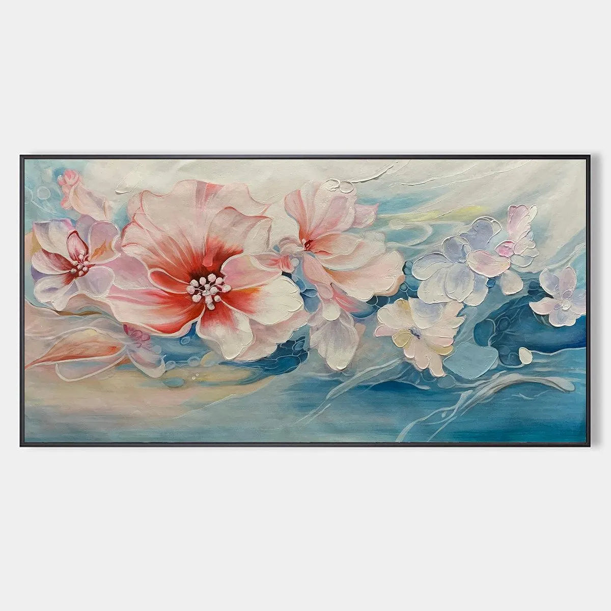 Panoramic Floral Painting in Pink and Blue, Modern Impressionist Wall Art