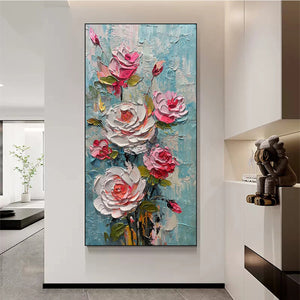 Blushing Bouquet: Textured Floral Impasto Oil Painting Canvas Wall Art