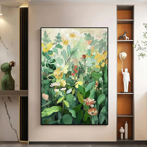 Vertical botanical garden painting with green, yellow, and white flowers. Impressionistic artwork by Elodie Dubois.