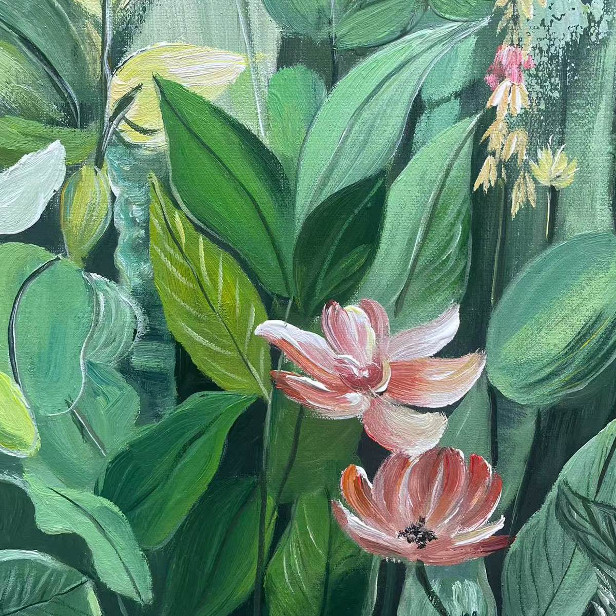 Elodie Dubois Botanical Garden painting detail: vibrant green, yellow foliage, peach flowers, impressionistic brushwork.