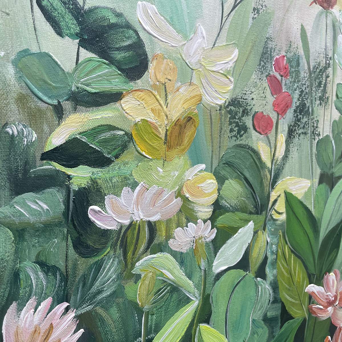 Botanical Garden original oil painting detail: lush green foliage with white and yellow flowers, thick impasto brushstrokes.