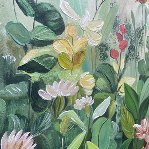 Vertical botanical garden painting with green, yellow, and white flowers. Impressionistic artwork by Elodie Dubois.