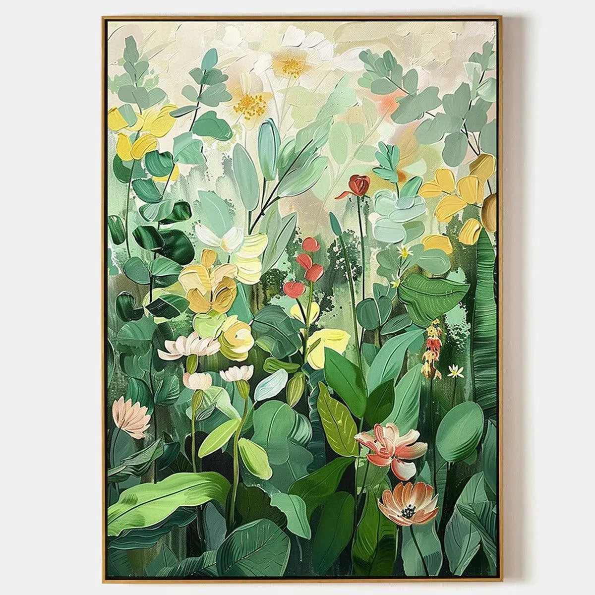Vertical botanical garden painting with green, yellow, and white flowers. Impressionistic artwork by Elodie Dubois.