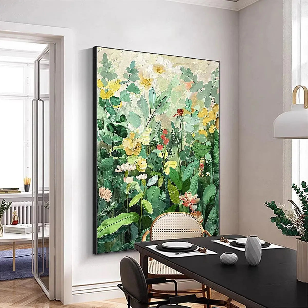 Botanical Garden original oil painting: vertical green & yellow floral wall art in dining room.