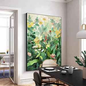 Vertical botanical garden painting with green, yellow, and white flowers. Impressionistic artwork by Elodie Dubois.