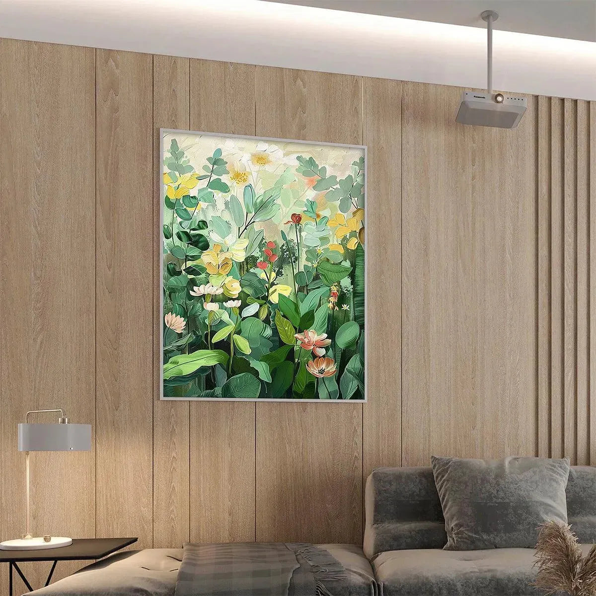 BOTANICAL GARDEN: Vertical green and yellow floral painting by Elodie Dubois, silver frame for living room.