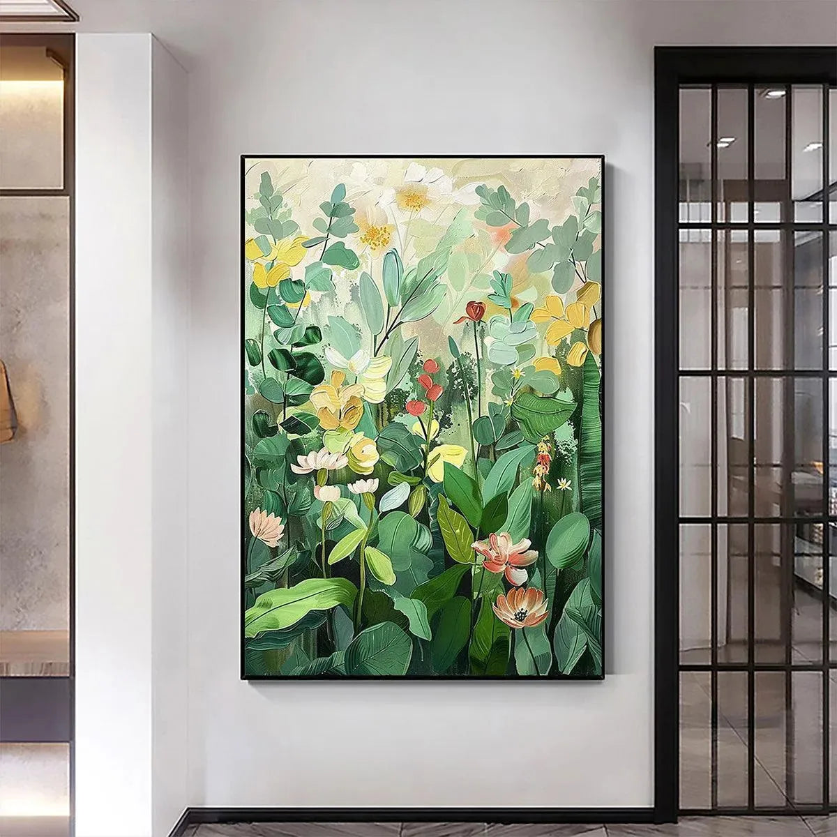 Elodie Dubois Botanical Garden painting, vertical floral artwork in green and yellow with black frame.