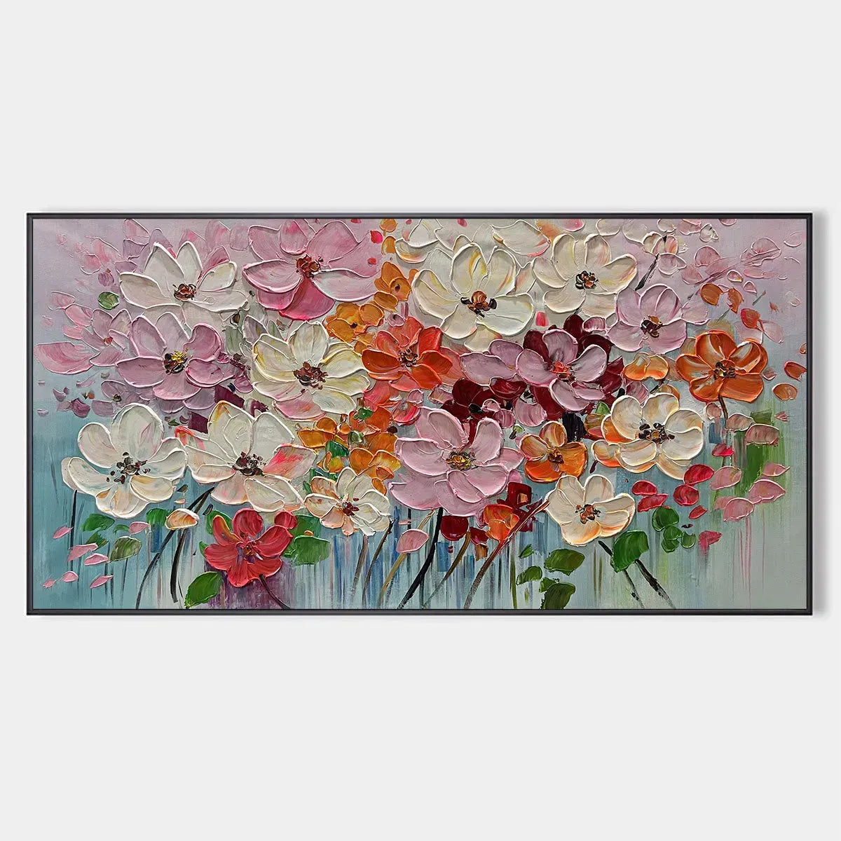 Panoramic Impasto Painting of Colorful Flowers, Textured Floral Wall Art