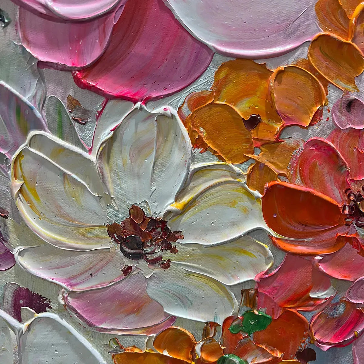 Panoramic Impasto Painting of Colorful Flowers, Textured Floral Wall Art