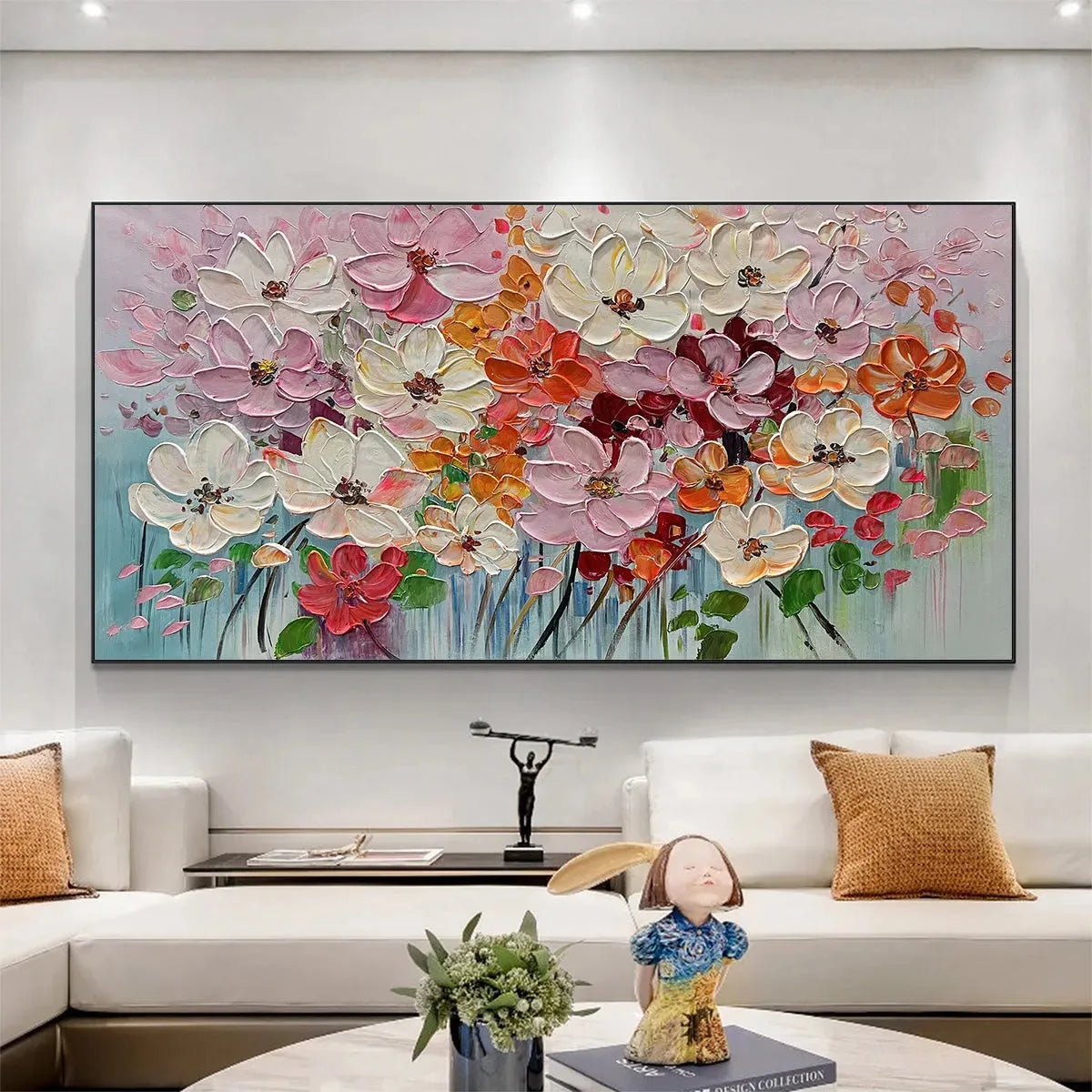 Panoramic Impasto Painting of Colorful Flowers, Textured Floral Wall Art