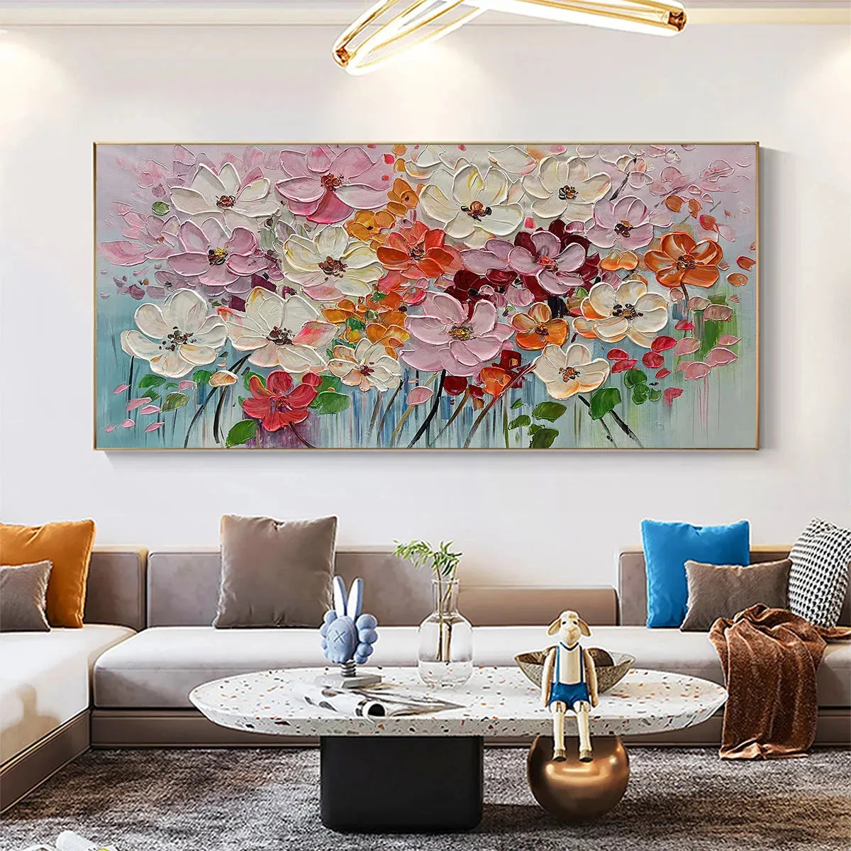 Panoramic Impasto Painting of Colorful Flowers, Textured Floral Wall Art