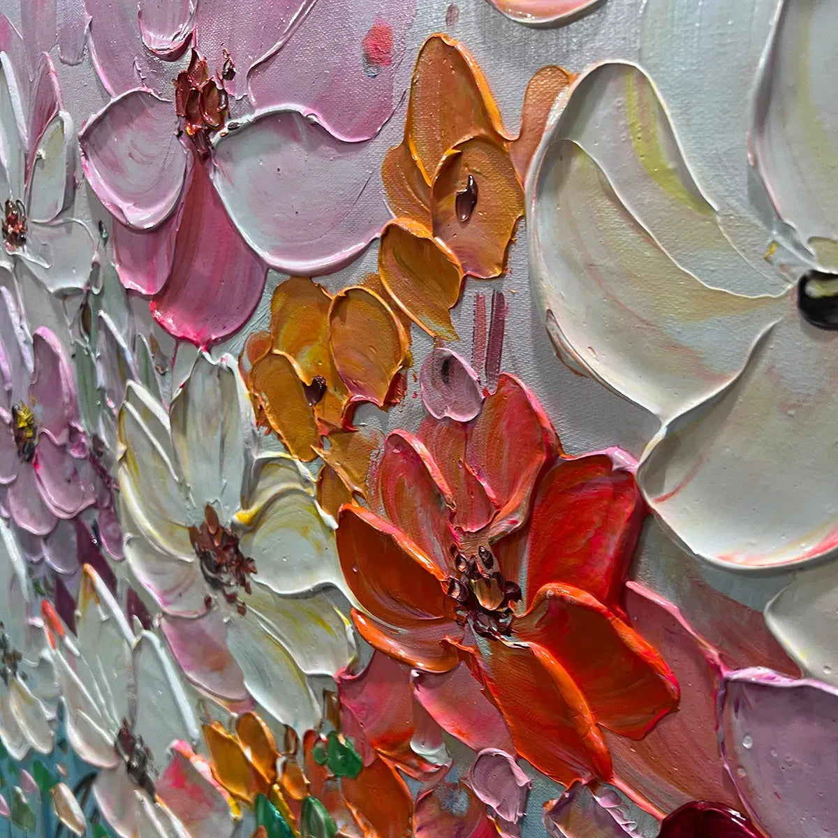 Panoramic Impasto Painting of Colorful Flowers, Textured Floral Wall Art