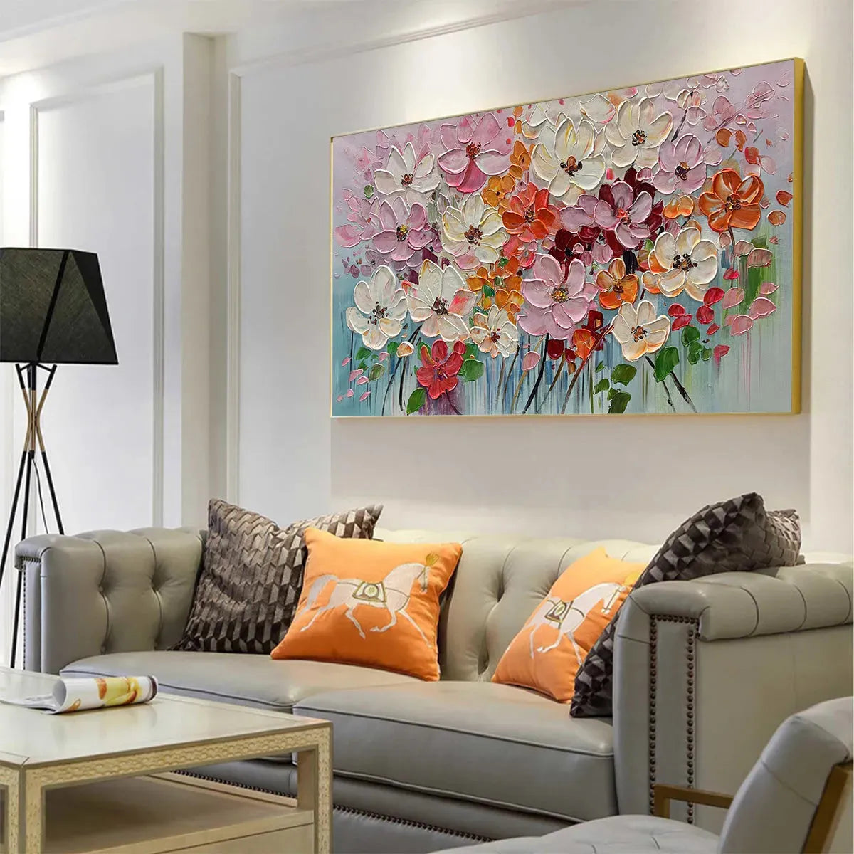 Panoramic Impasto Painting of Colorful Flowers, Textured Floral Wall Art