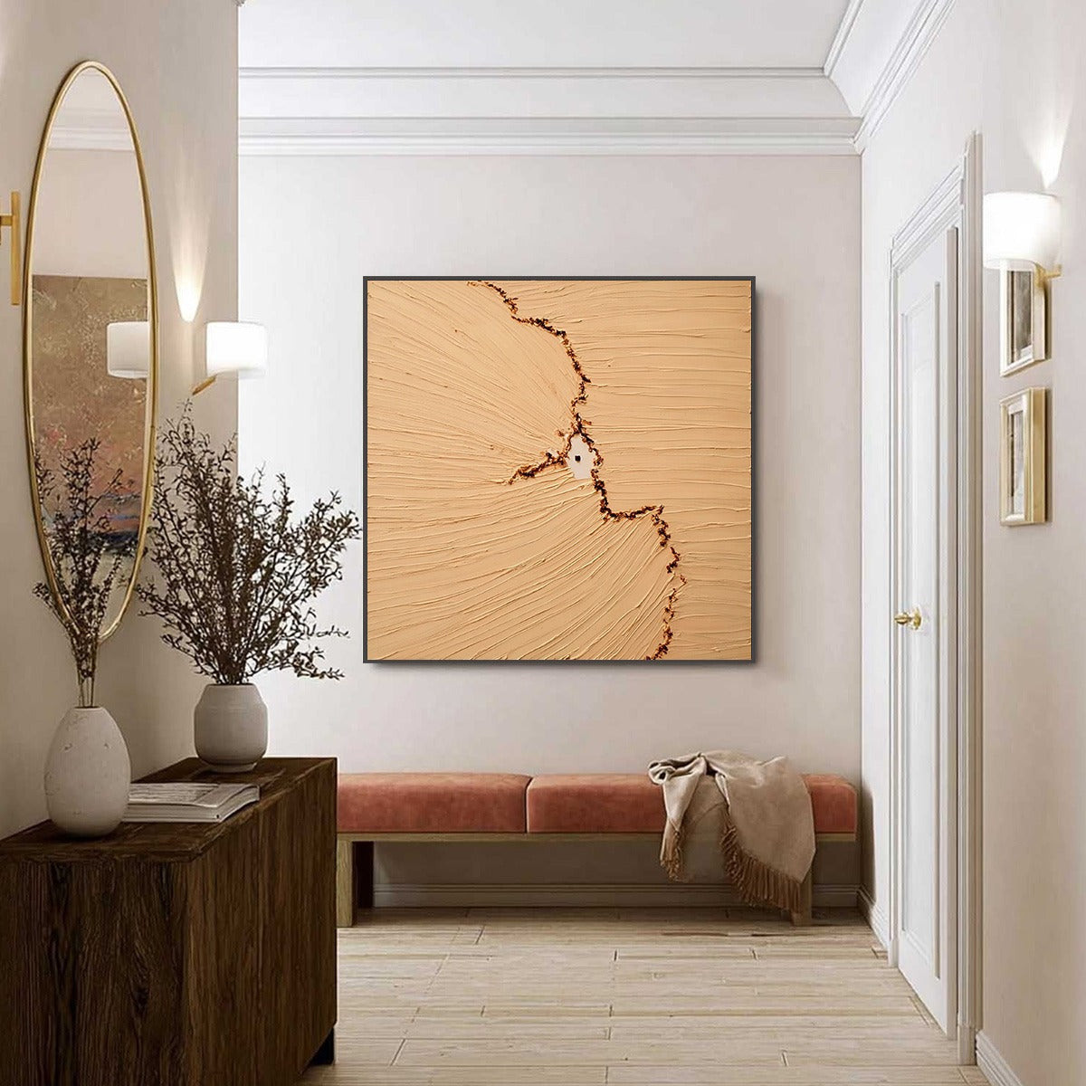 Original Wabi-Sabi abstract art "BREACH," beige impasto texture, fissure, modern wall art.